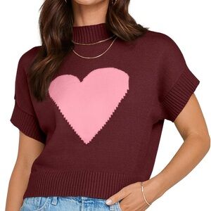 📸TARSE Wine cropped Sweater vest casual mock neck with Pink Heart NWT size L..